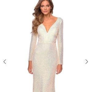 La Femme - 28743 Deep V-Neckline Sequin Long Sleeves Sheath Dress